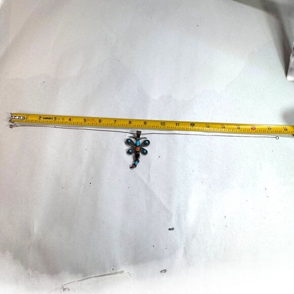 Turquoise Coral Emma Lincoln Sterling Silver Navajo Dragonfly Pendant Necklace - Picture 5 of 9